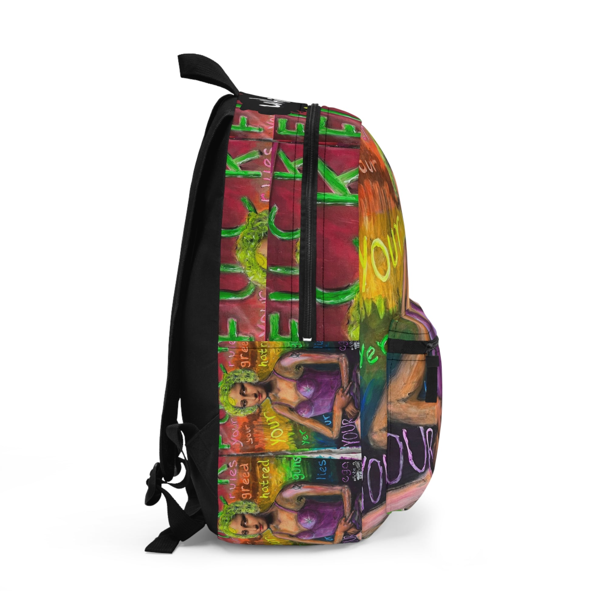“Fuck Your Rules” Artistic Backpack with Vibrant Paintings for Creative Minds