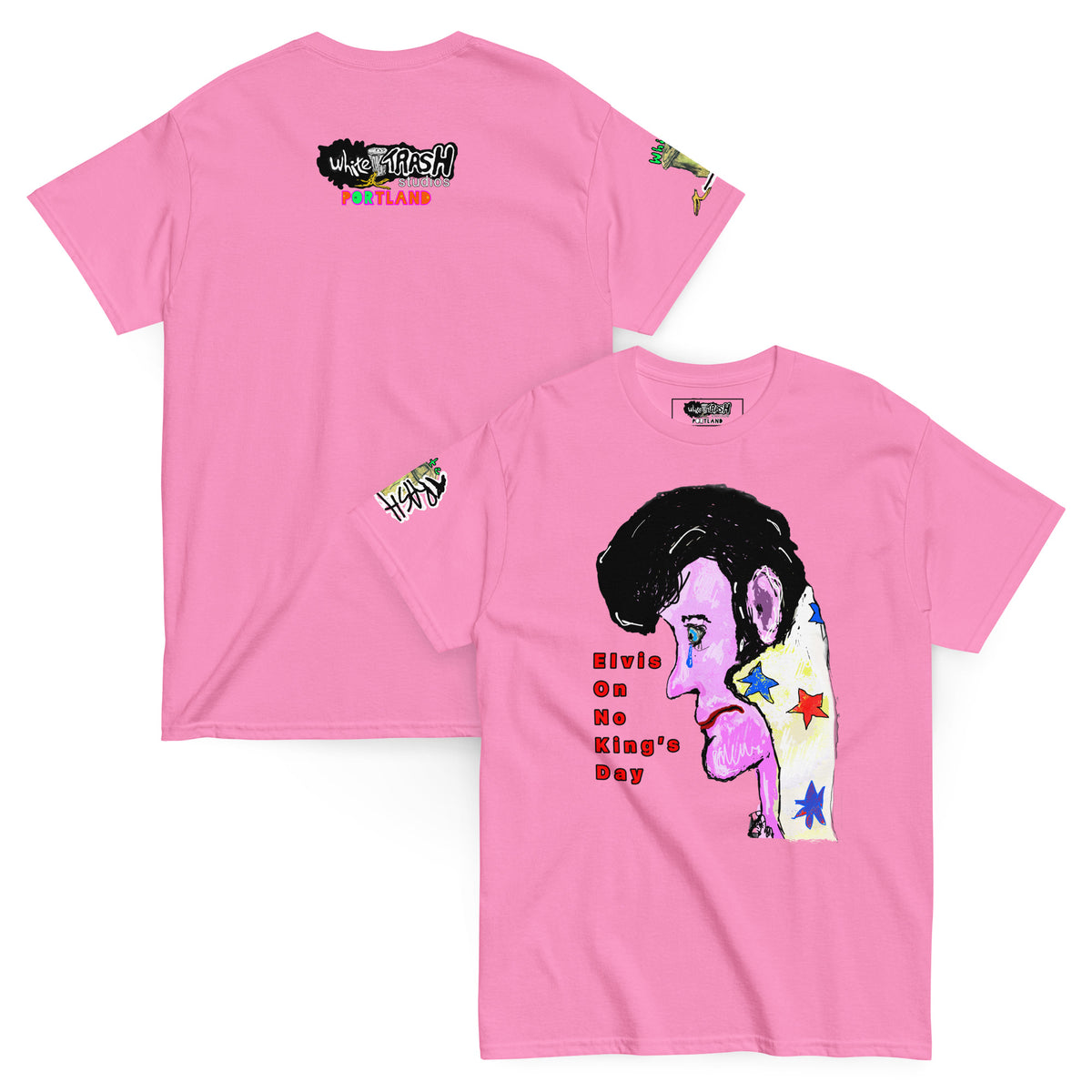 White Trash Studios Portland Original Art Elvis Blue Suede Tears No Kings Day Graphic t-shirt  in Pink