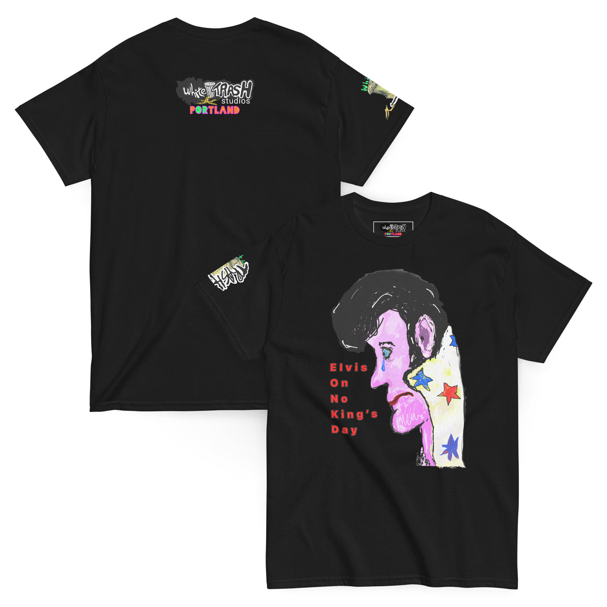 White Trash Studios Portland Original Art Elvis Blue Suede Tears No Kings Day Graphic t-shirt  in Black