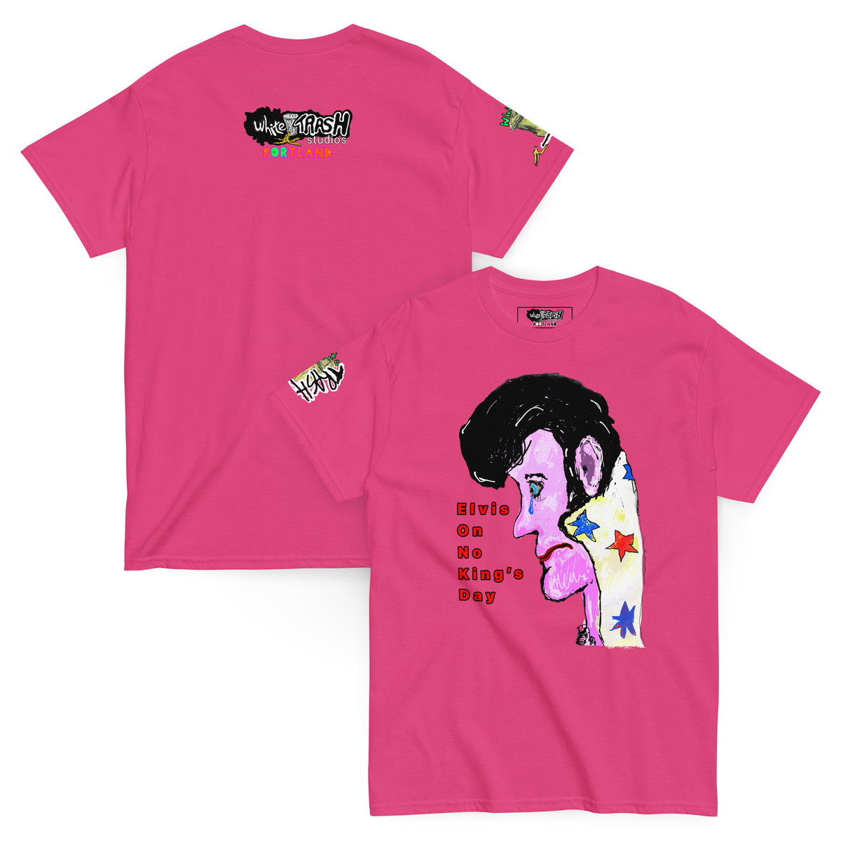 White Trash Studios Portland Original Art Elvis Blue Suede Tears No Kings Day Graphic t-shirt  in Pink