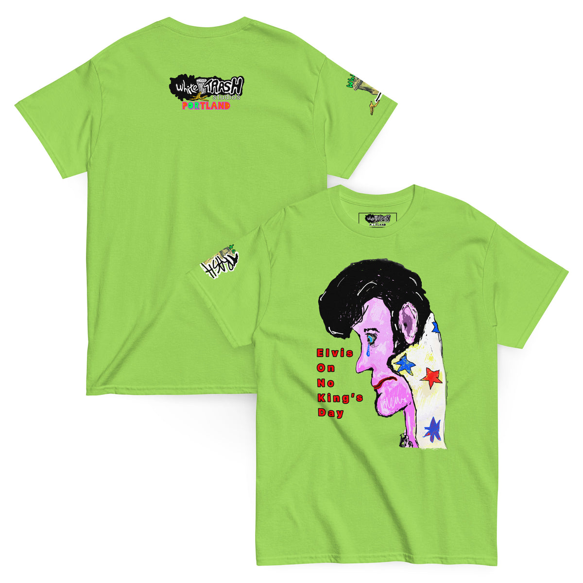 White Trash Studios Portland Original Art Elvis Blue Suede Tears No Kings Day Graphic t-shirt  in Green
