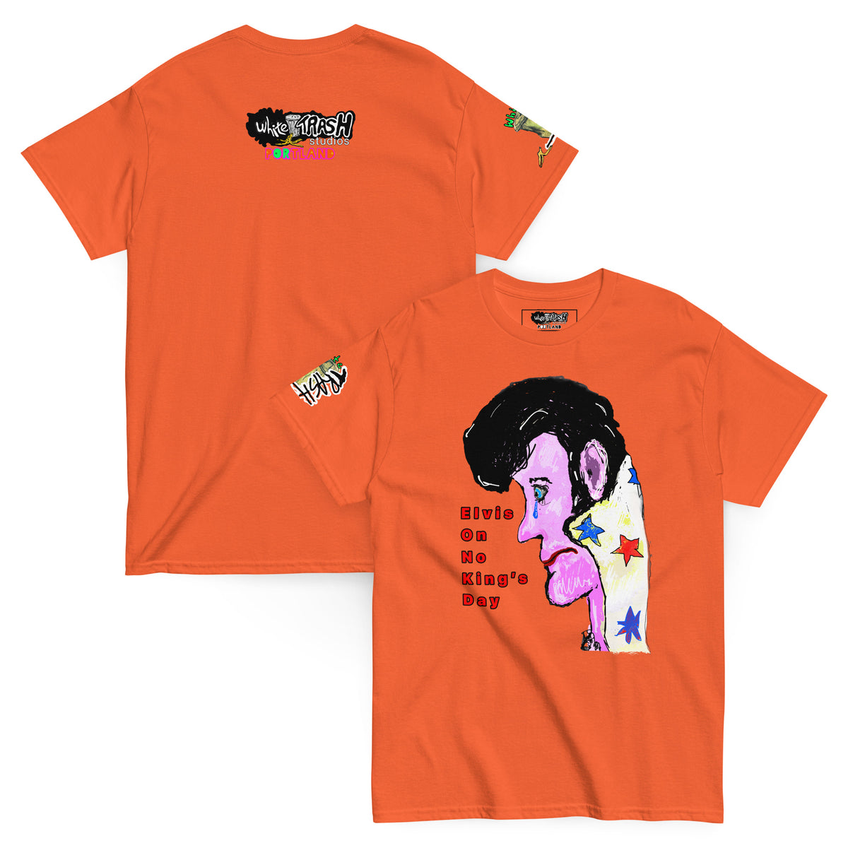 White Trash Studios Portland Original Art Elvis Blue Suede Tears No Kings Day Graphic t-shirt  in Orange