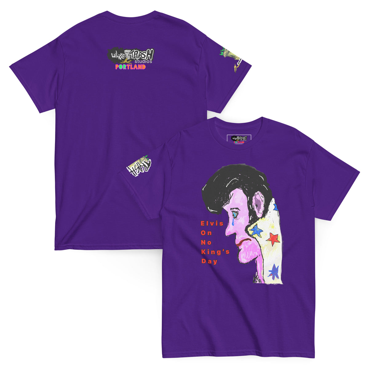 White Trash Studios Portland Original Art Elvis Blue Suede Tears No Kings Day Graphic t-shirt  in Purple