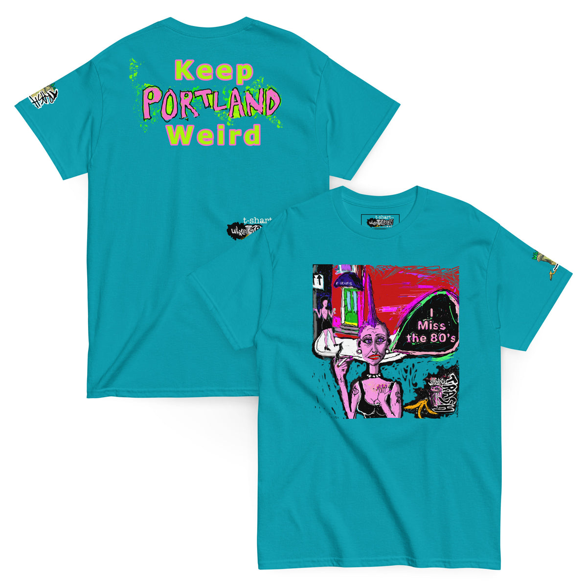 White Trash Studios Portland Original Art  Poseurs 80’s DC classic graphic t-shirt  in Teal