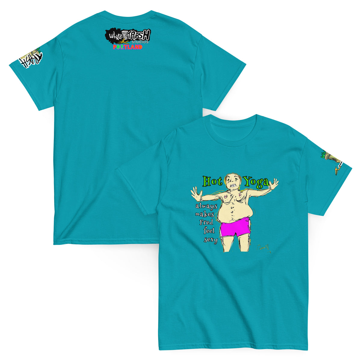 White Trash Studios Portland Original Art Hot Yoga Graphic t-shirt  in Teal