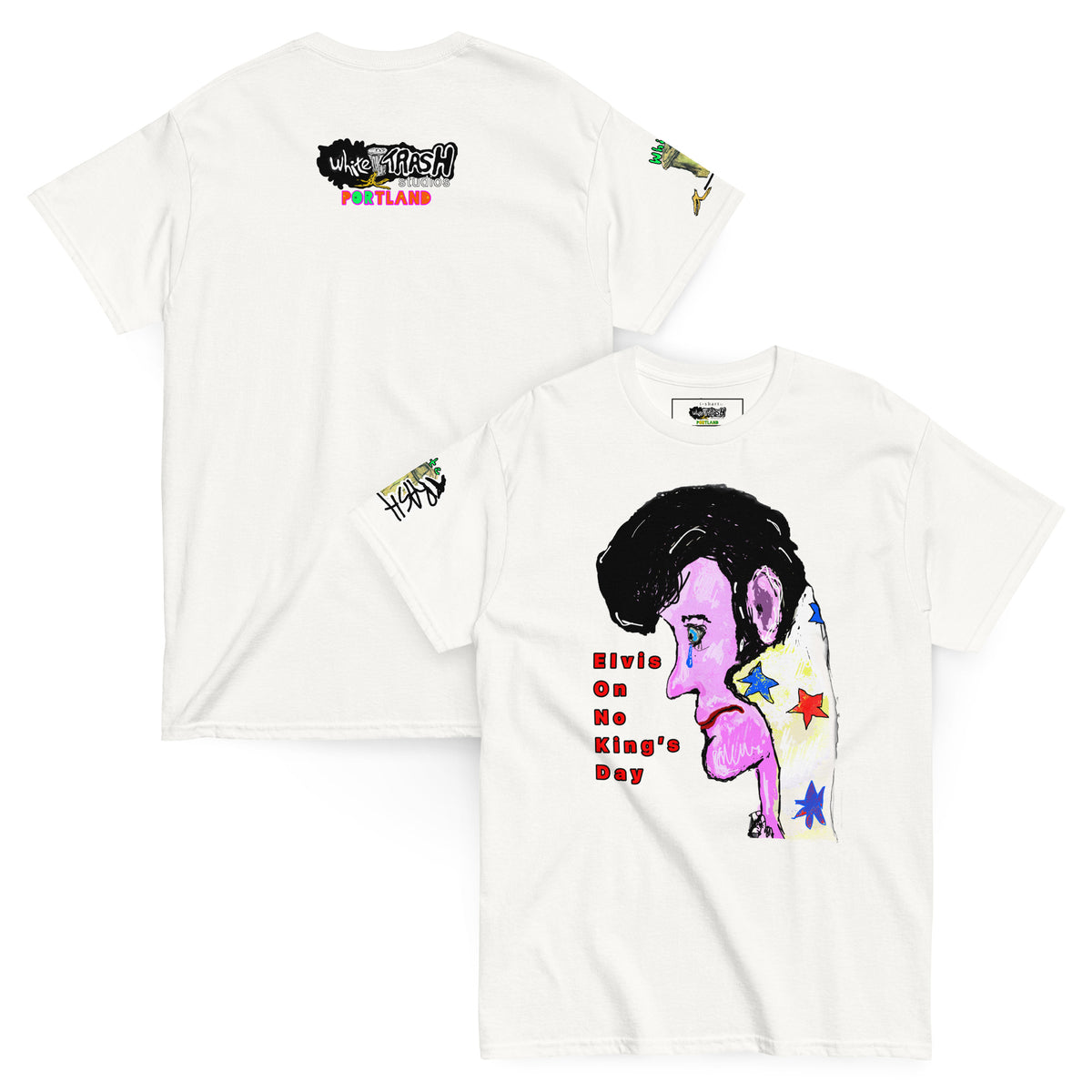 White Trash Studios Portland Original Art Elvis Blue Suede Tears No Kings Day Graphic t-shirt  in White
